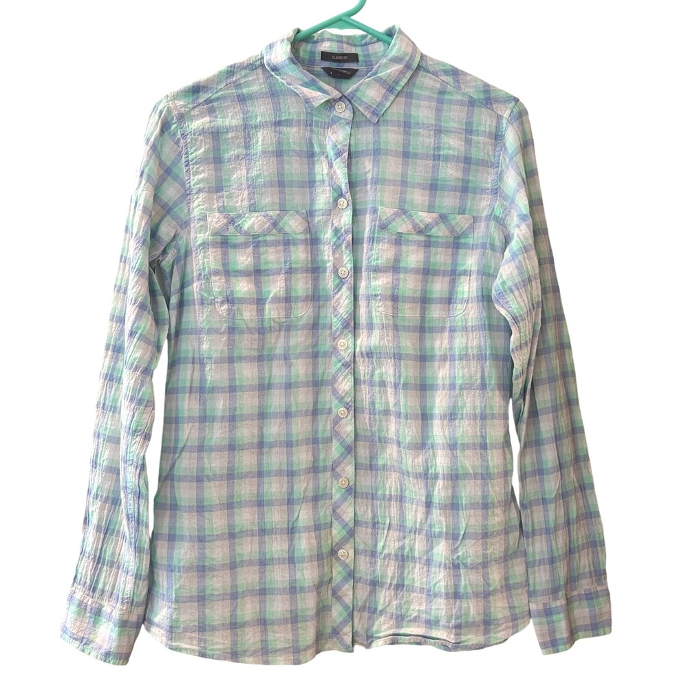 Eddie Bauer Plaid Button Down Shirt Classic Fit Long‎ Sleeve Pastel Blue Green S